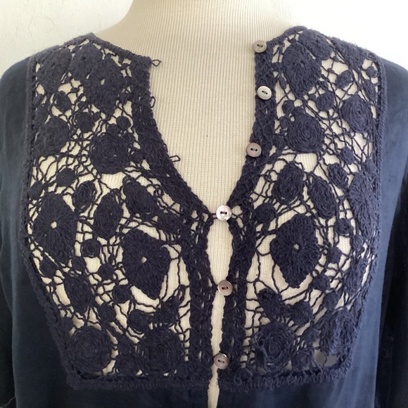 Japanese luxury brand navy linen/lace placard front button self tie short top 6 - Picture 2 of 10